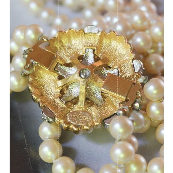 Givenchy Vintage Long Three Strand Faux Pearl Necklace Floral Rhinestone Clasp - Picture 6 of 6